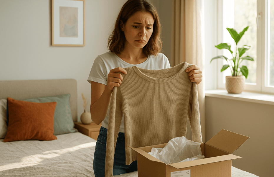 femme constatant un problème avec un pull beige commandé chez Xandres