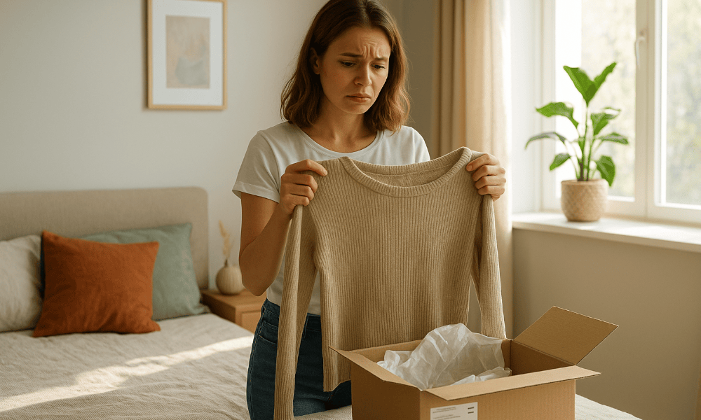 femme constatant un problème avec un pull beige commandé chez Xandres