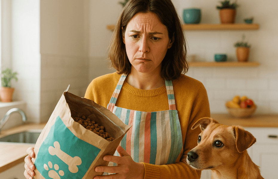 femme et son chien constatant une erreur sur un paquet de croquettes acheté chez Zooplus