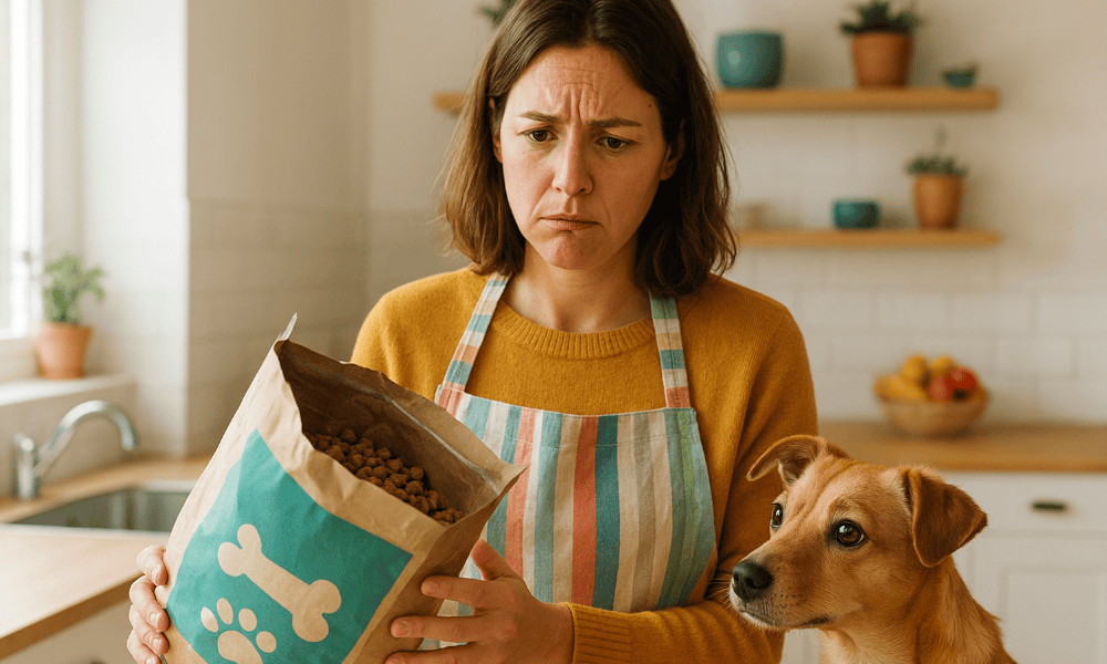 femme et son chien constatant une erreur sur un paquet de croquettes acheté chez Zooplus