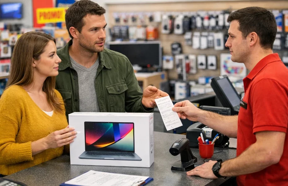 couple demandant un échange en magasin pour un ordinateur portable défectueux