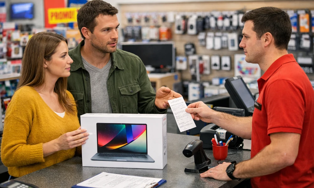 couple demandant un échange en magasin pour un ordinateur portable défectueux