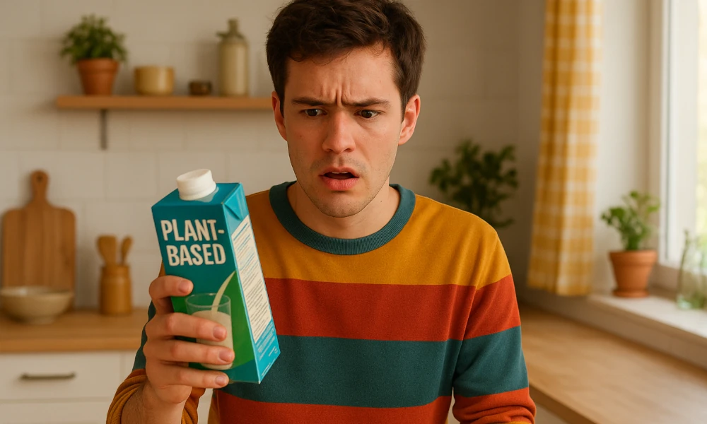 homme déçu de son lait végétal Alpro