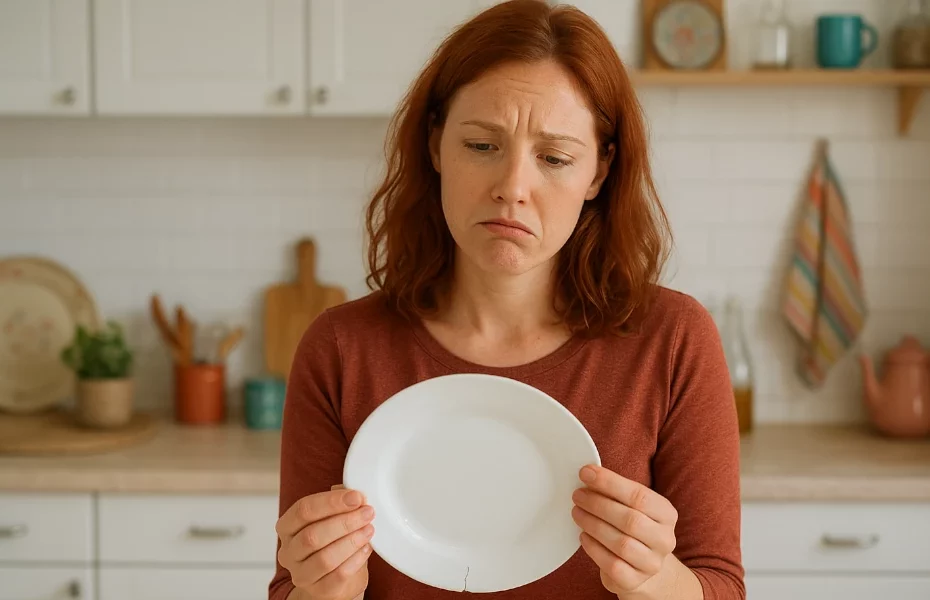 femme déçue d'une assiette Arcopal abîmée