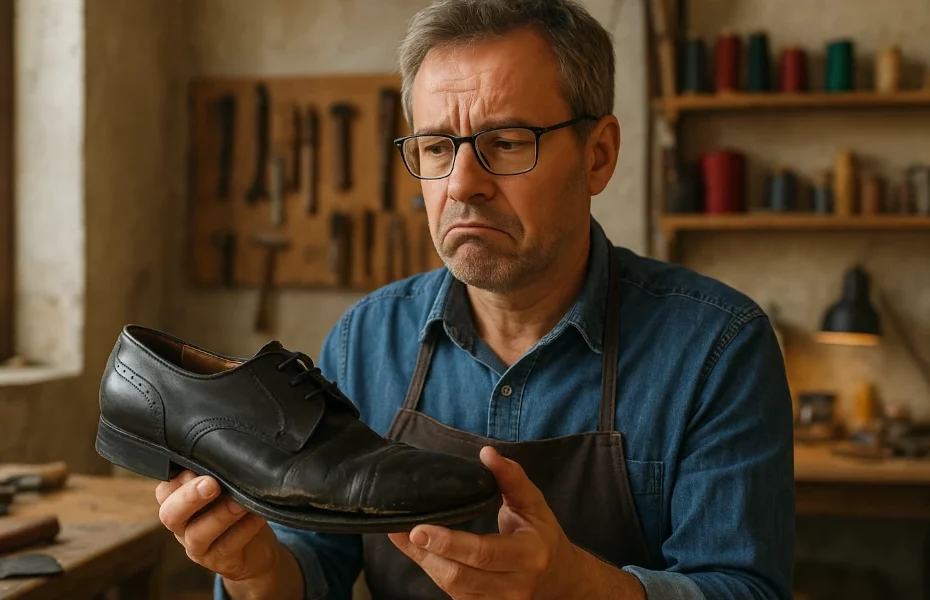 homme déçu par une réparation faite pas l'Atelier Dascotte sur sa chaussure