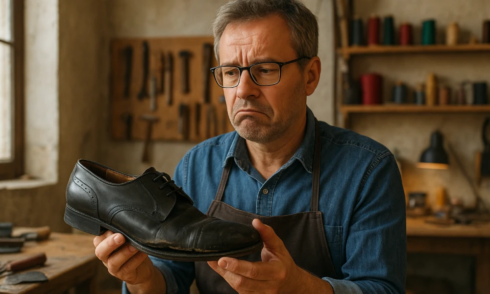 homme déçu par une réparation faite pas l'Atelier Dascotte sur sa chaussure