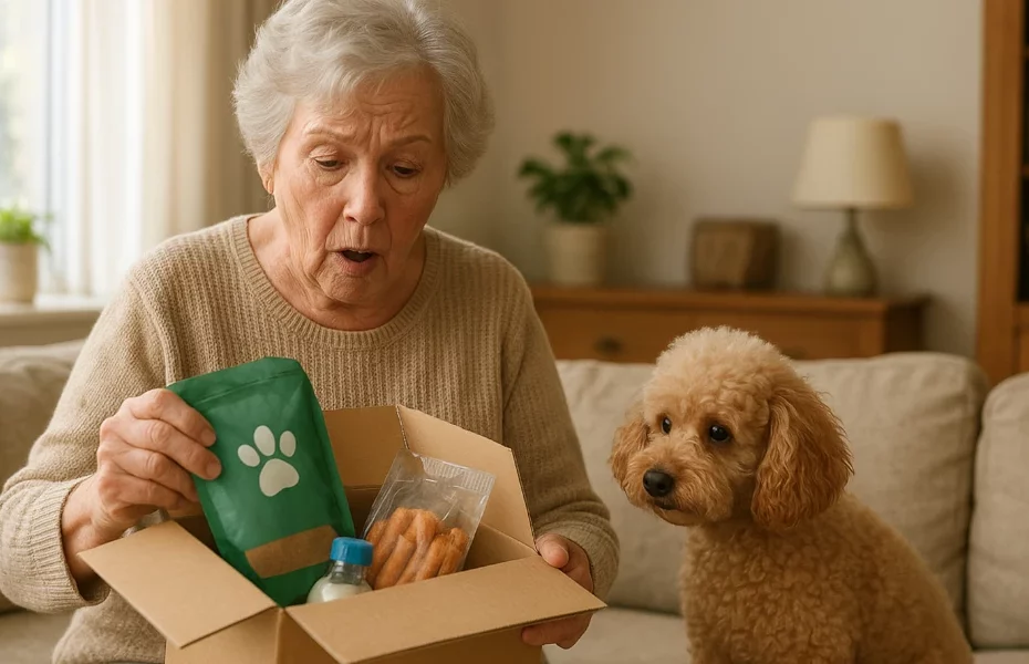 femme âgée et son petit chien découvrant les produits d'un colis Bitiba