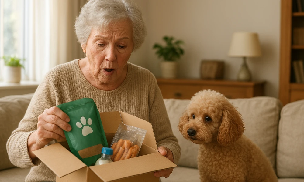 femme âgée et son petit chien découvrant les produits d'un colis Bitiba
