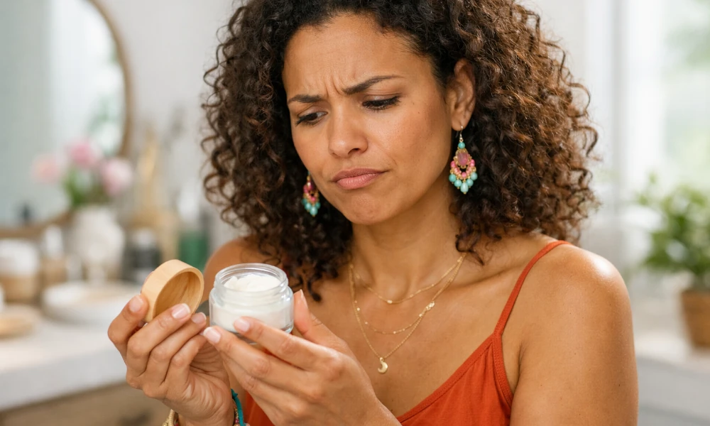 femme constatant un défaut avec un produit cosmétique Bobone