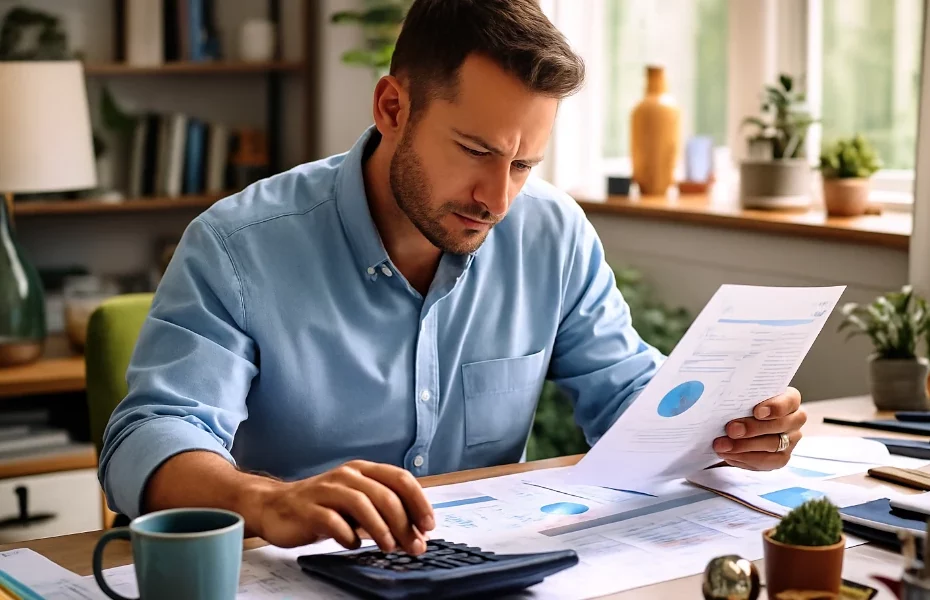 homme avec des documents préparant sa réclamation à Booking.com