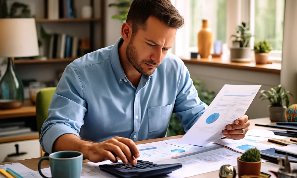 homme avec des documents préparant sa réclamation à Booking.com