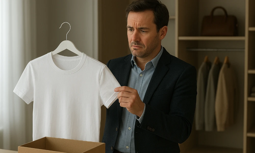 homme déçu par un t-shirt blanc de la marque Calvin Klein