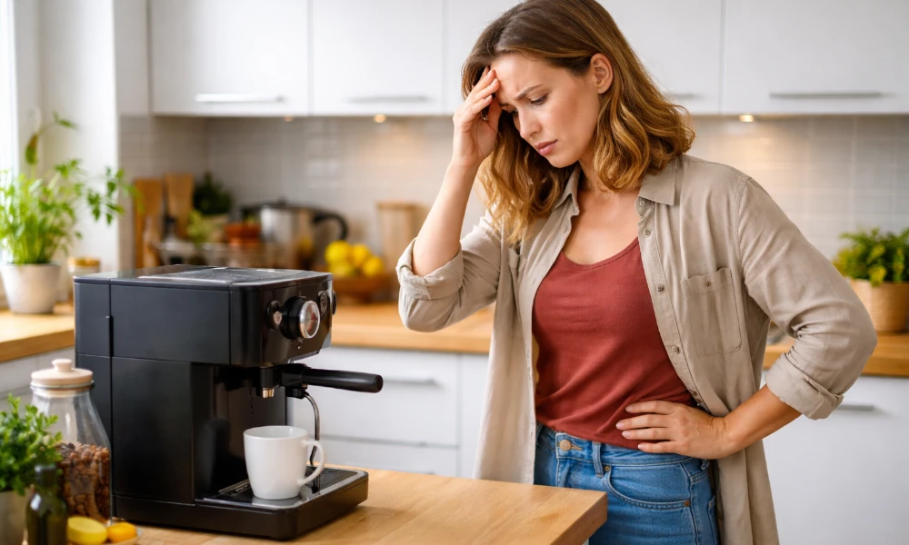 femme rencontrant un problème avec sa machine à café De'Longhi