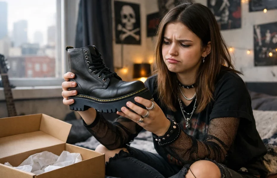 adolescente constatant un défaut sur une botte Dr. Martens