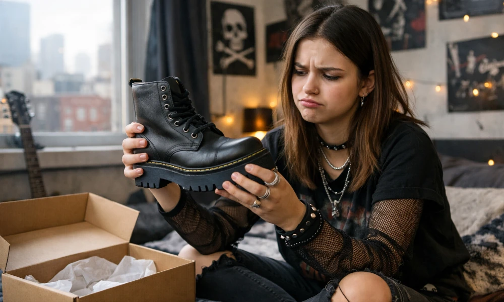 adolescente constatant un défaut sur une botte Dr. Martens