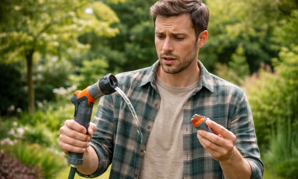 homme essayant de réparer un tuyau d'arrosage Gardena défectueux