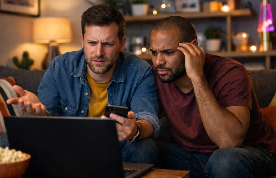 deux hommes rencontrant un souci technique avec HBO Max sur leur ordinateur portable