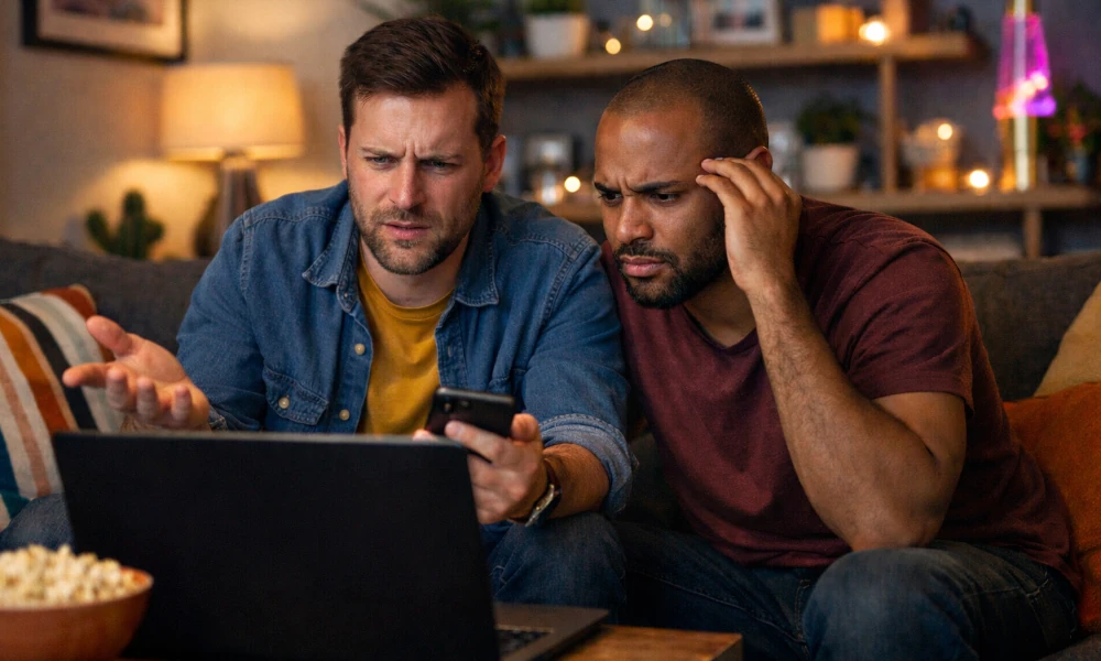 deux hommes rencontrant un souci technique avec HBO Max sur leur ordinateur portable