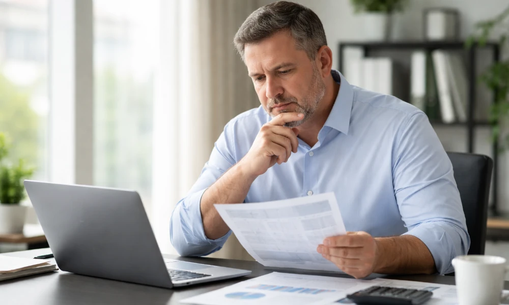 homme vérifiant ses documents avant de porter réclamation à Izola Bank