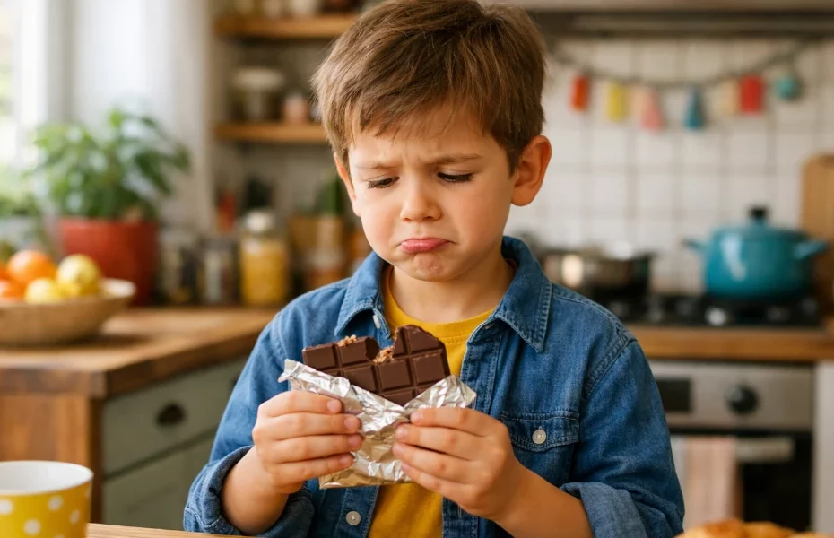 enfant déçu par sa tablette de chocolat Milka