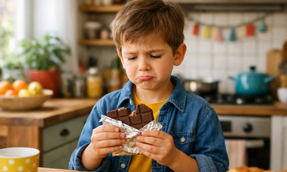 enfant déçu par sa tablette de chocolat Milka