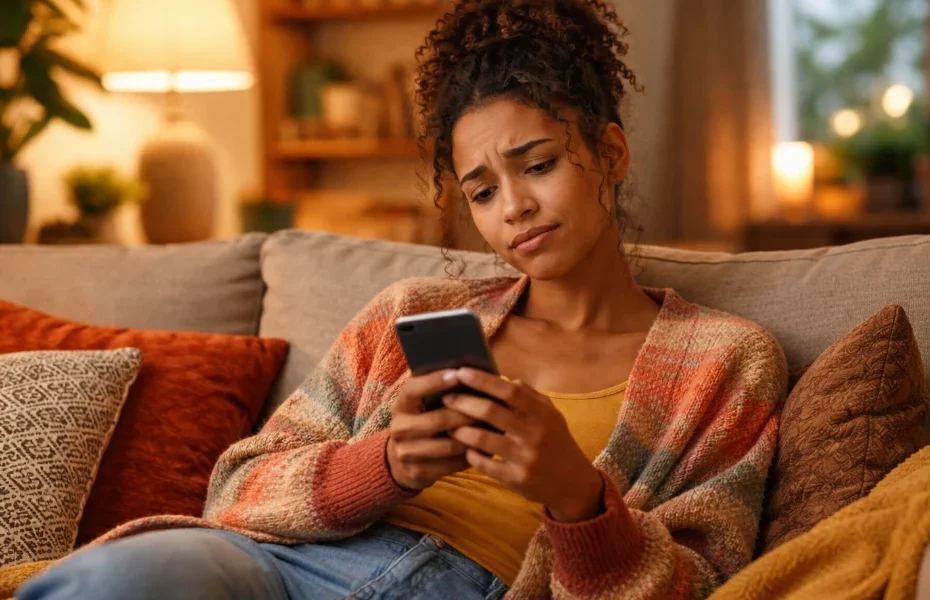 femme sur un canapé utilisant l'application OkCupid sur son smartphone