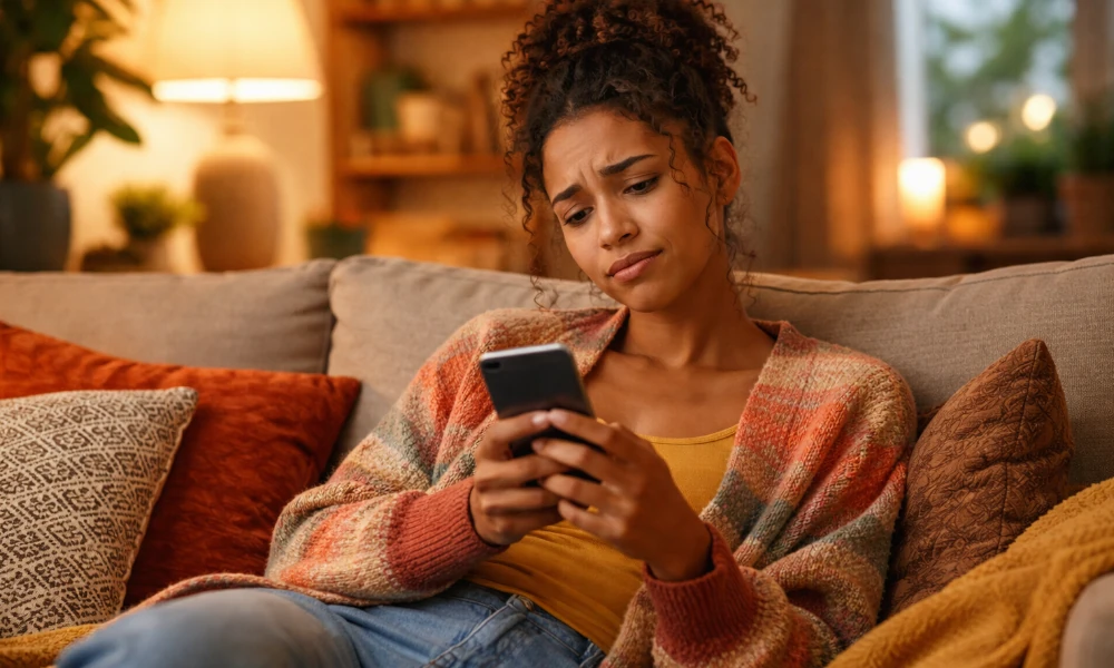 femme sur un canapé utilisant l'application OkCupid sur son smartphone