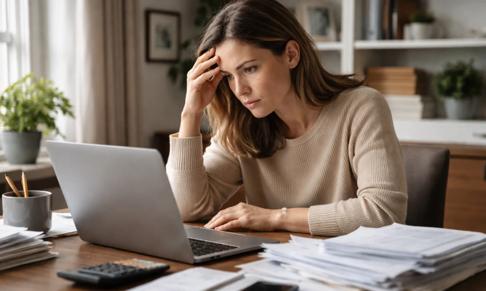 femme faisant une réclamation à l'ONEM depuis son ordinateur portable