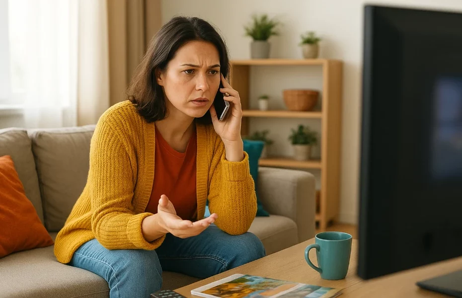 femme devant sa télé faisant une réclamation à Panasonic au téléphone