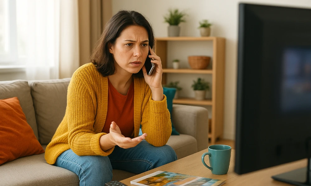 femme devant sa télé faisant une réclamation à Panasonic au téléphone