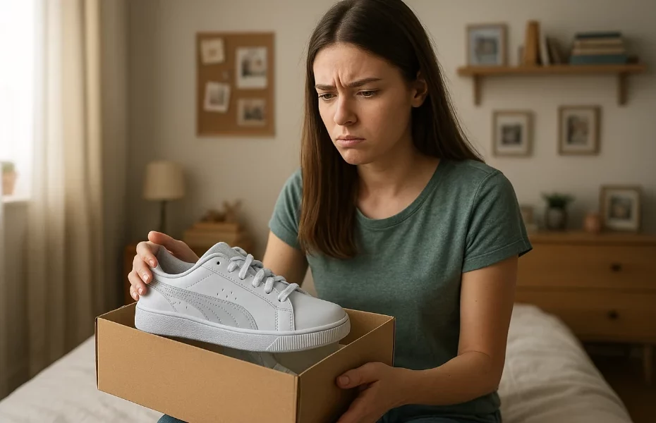 jeune femme ayant l'air perplexe de ses nouvelles baskets Puma
