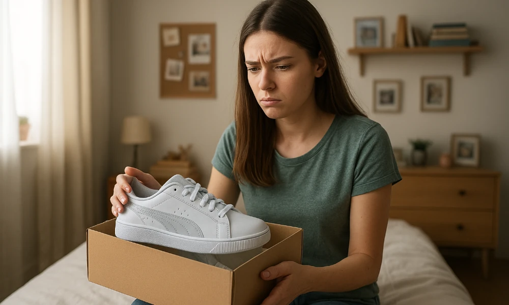 jeune femme ayant l'air perplexe de ses nouvelles baskets Puma