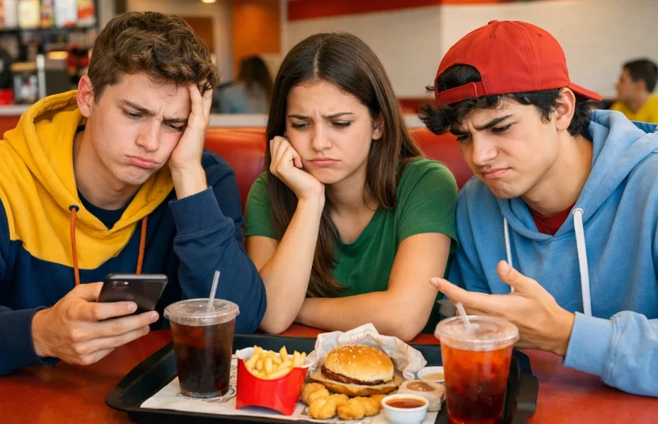 groupe de 3 amis constatant des erreurs dans leur commande chez Quick