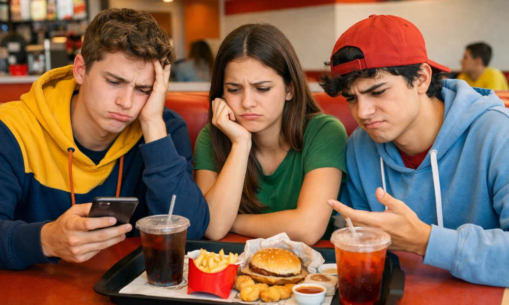 groupe de 3 amis constatant des erreurs dans leur commande chez Quick