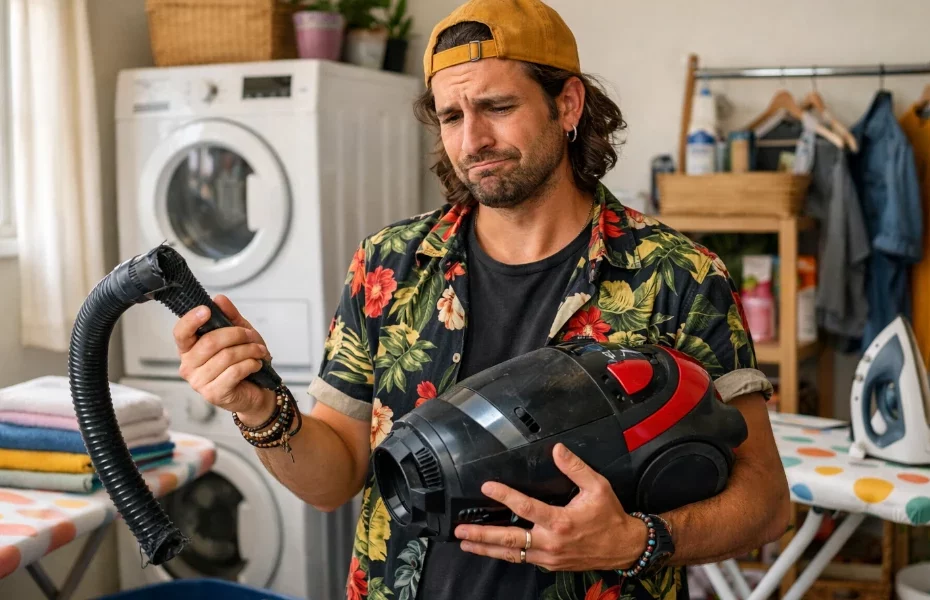 homme dans sa buanderie tenant un aspirateur Rowenta cassé