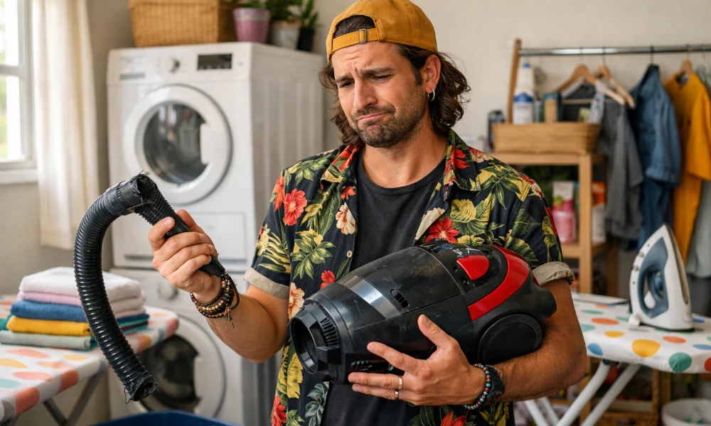 homme dans sa buanderie tenant un aspirateur Rowenta cassé
