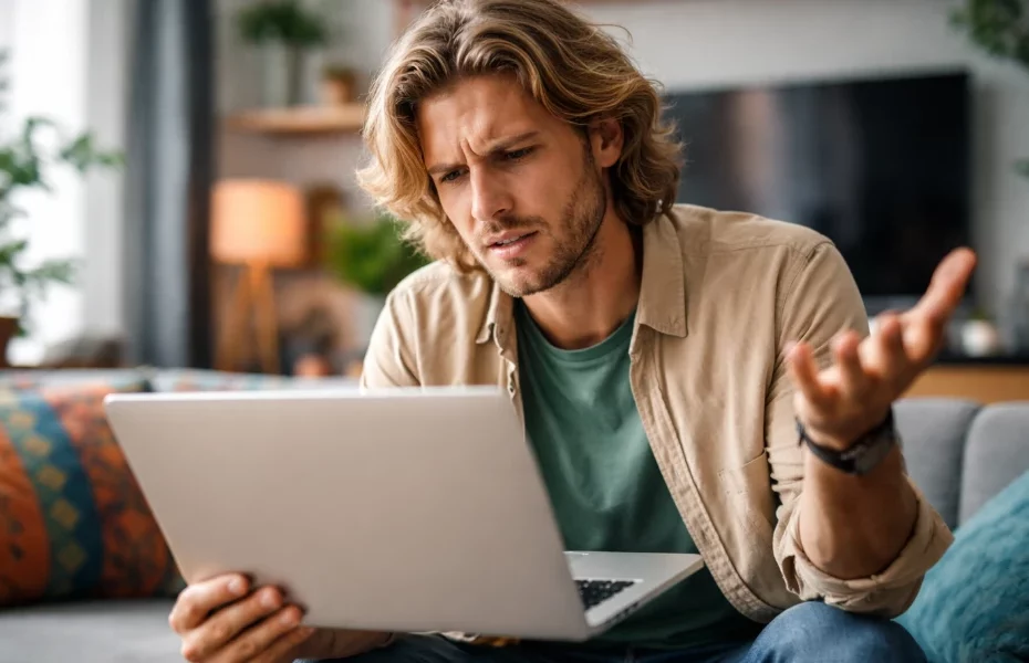 homme faisant une réclamation à Sony depuis son ordinateur portable