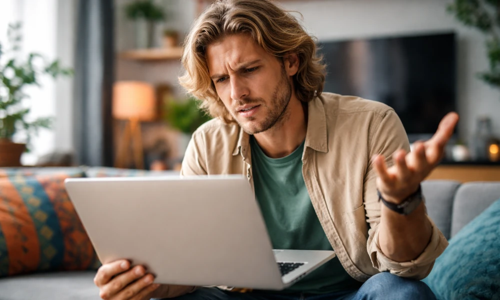 homme faisant une réclamation à Sony depuis son ordinateur portable