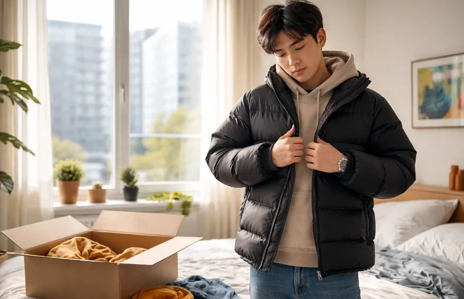 jeune homme déçu de sa doudoune Superdry