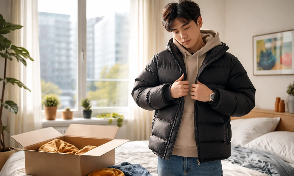 jeune homme déçu de sa doudoune Superdry