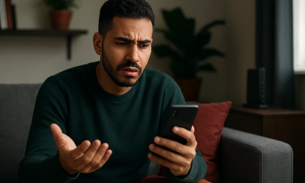 homme faisant une réclamation à Telenet depuis son smartphone