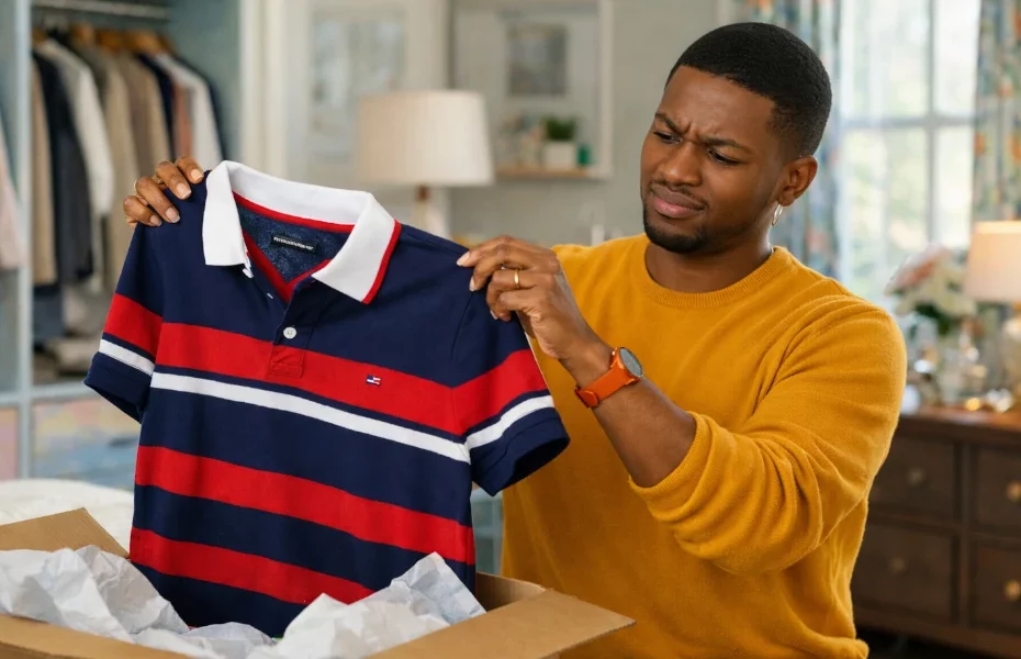 homme déçu par la qualité d'un polo Tommy Hilfiger