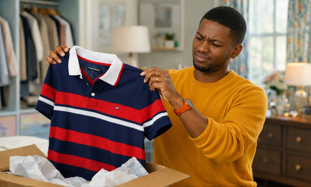 homme déçu par la qualité d'un polo Tommy Hilfiger