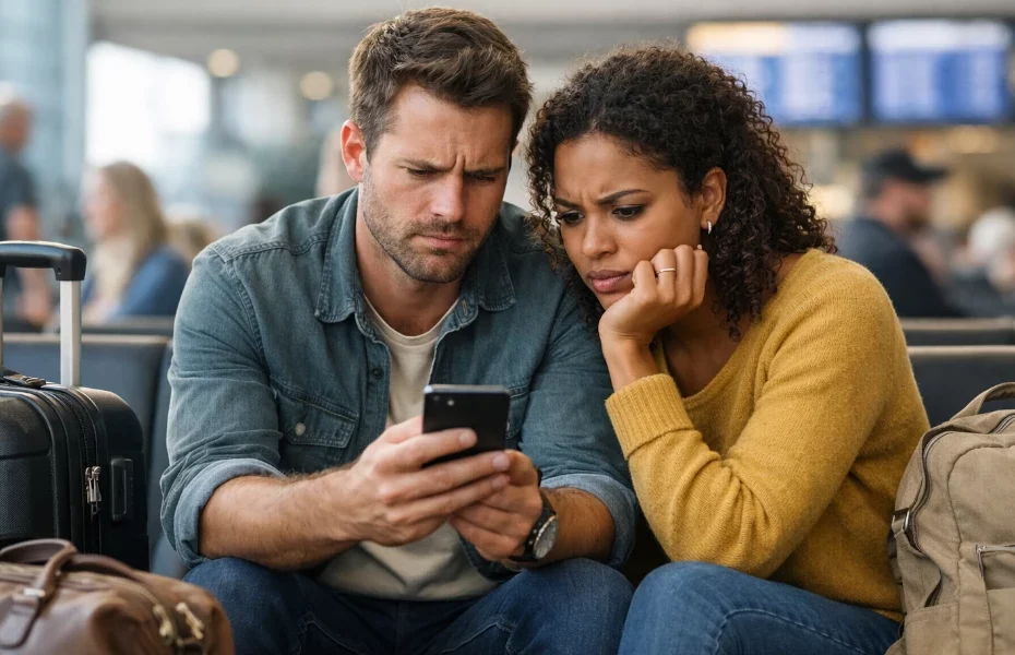 couple à l'aéroport constatant un problème avec leur réservation United Airlines