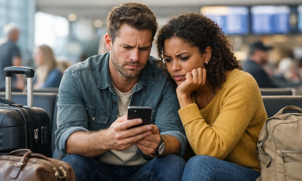 couple à l'aéroport constatant un problème avec leur réservation United Airlines