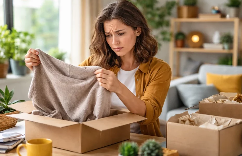 femme déçue par un haut commandé sur Veepee