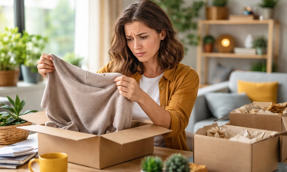 femme déçue par un haut commandé sur Veepee