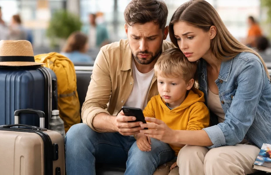 famille à l'aéroport, constatant un souci avec leur réservation Vueling