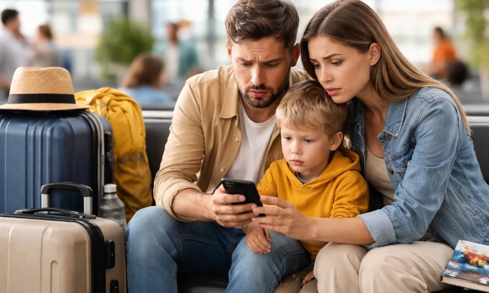 famille à l'aéroport, constatant un souci avec leur réservation Vueling