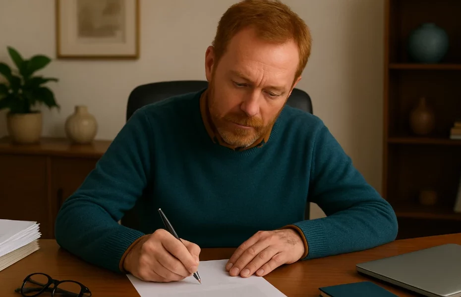 homme écrivant une lettre de mise en demeure au sujet d'un remboursement refusé